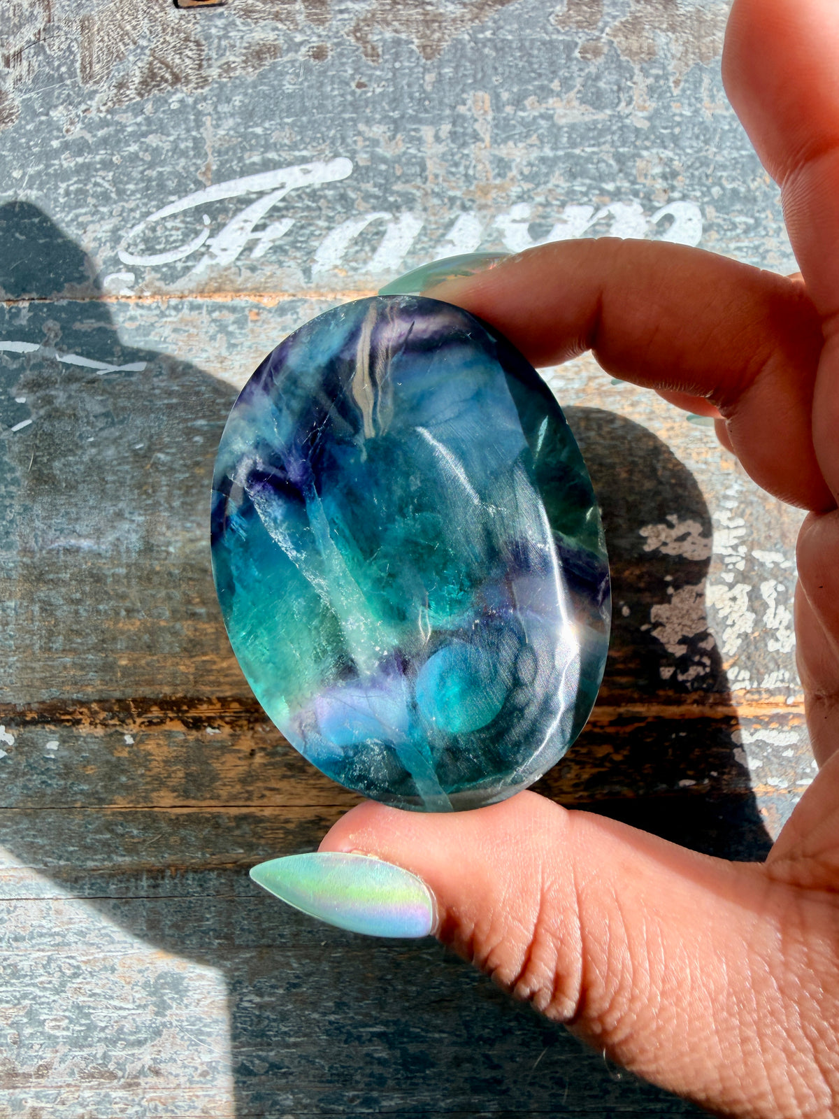 Gorgeous High Quality Rainbow Fluorite Palm Stone | China | Opt 40