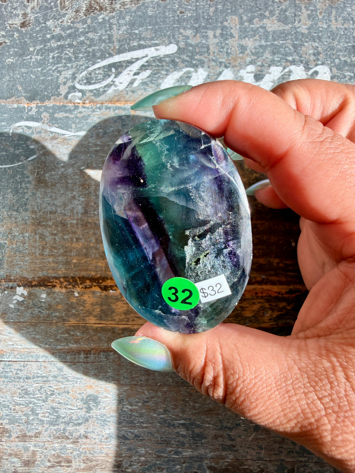 Gorgeous High Quality Rainbow Fluorite Palm Stone | China | Opt 32
