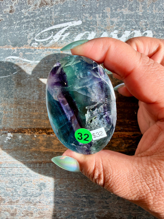 Gorgeous High Quality Rainbow Fluorite Palm Stone | China | Opt 32
