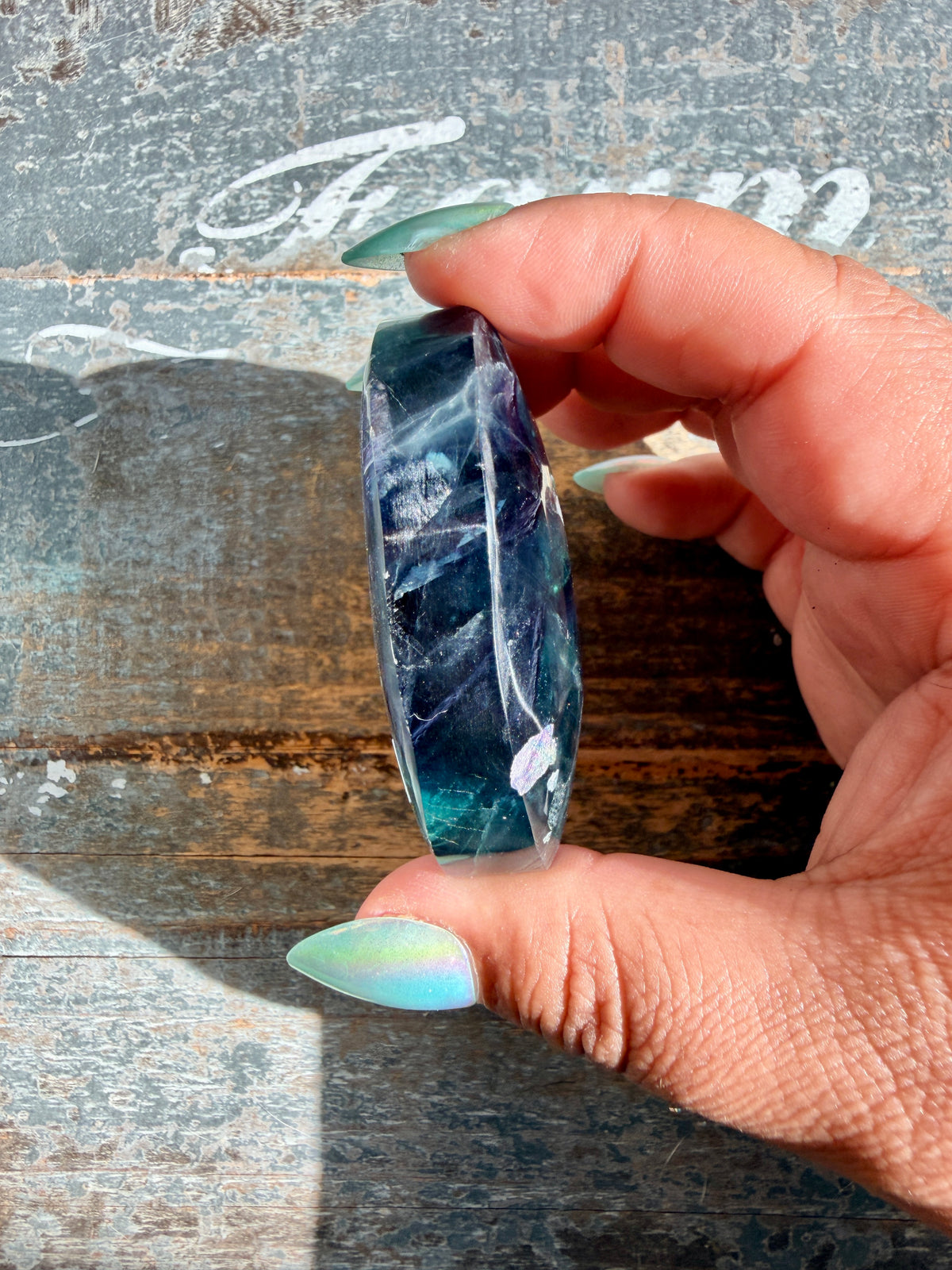 Gorgeous High Quality Rainbow Fluorite Palm Stone | China | Opt 32