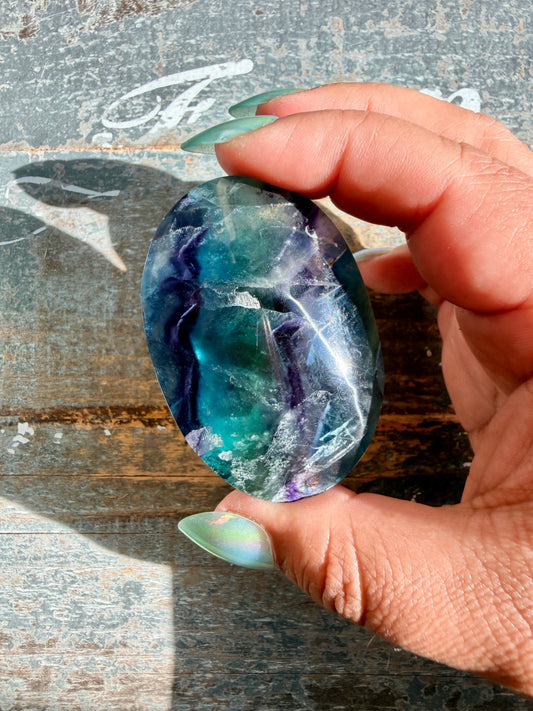 Gorgeous High Quality Rainbow Fluorite Palm Stone | China | Opt 32