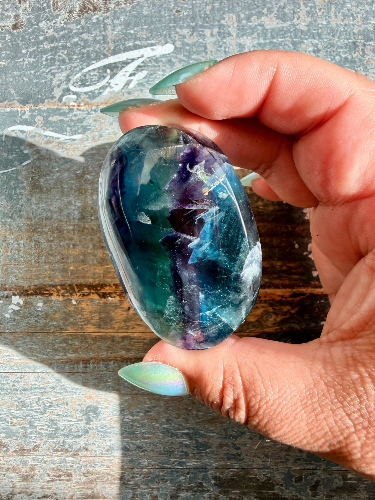 Gorgeous High Quality Rainbow Fluorite Palm Stone | China | Opt 32