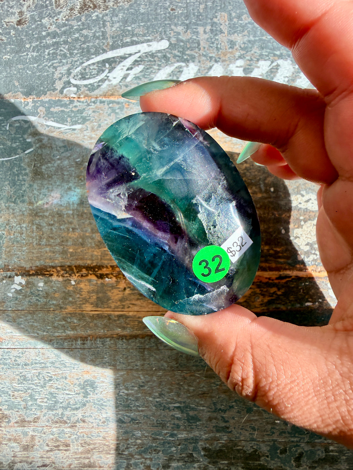 Gorgeous High Quality Rainbow Fluorite Palm Stone | China | Opt 32