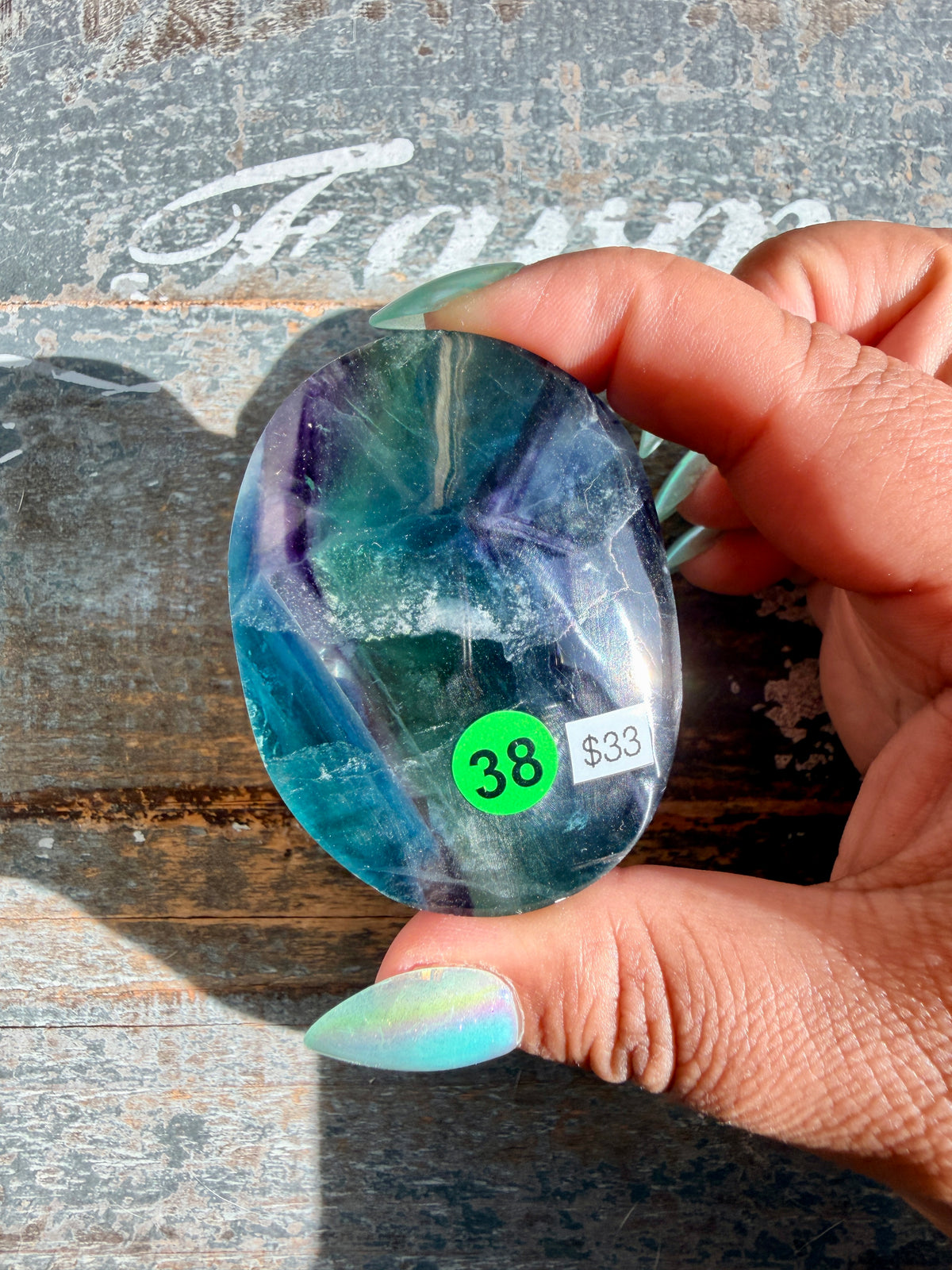Gorgeous High Quality Rainbow Fluorite Palm Stone | China | Opt 38
