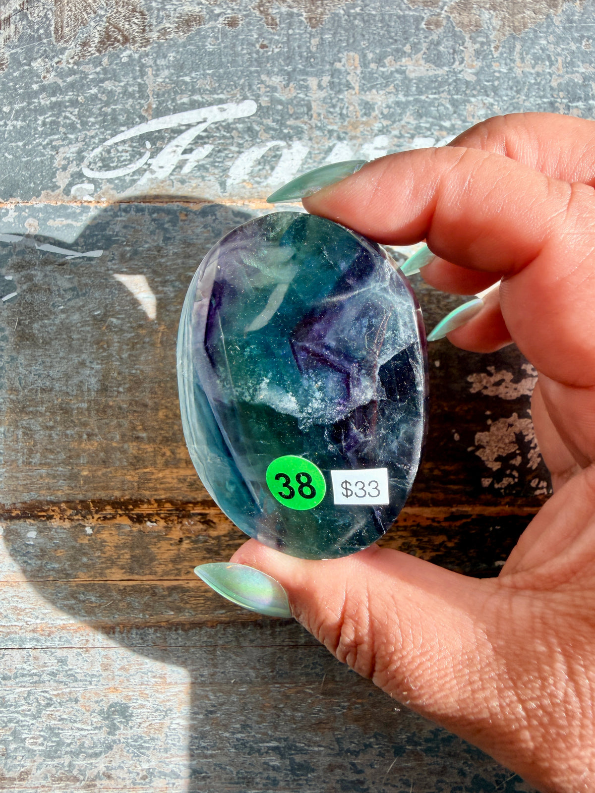 Gorgeous High Quality Rainbow Fluorite Palm Stone | China | Opt 38