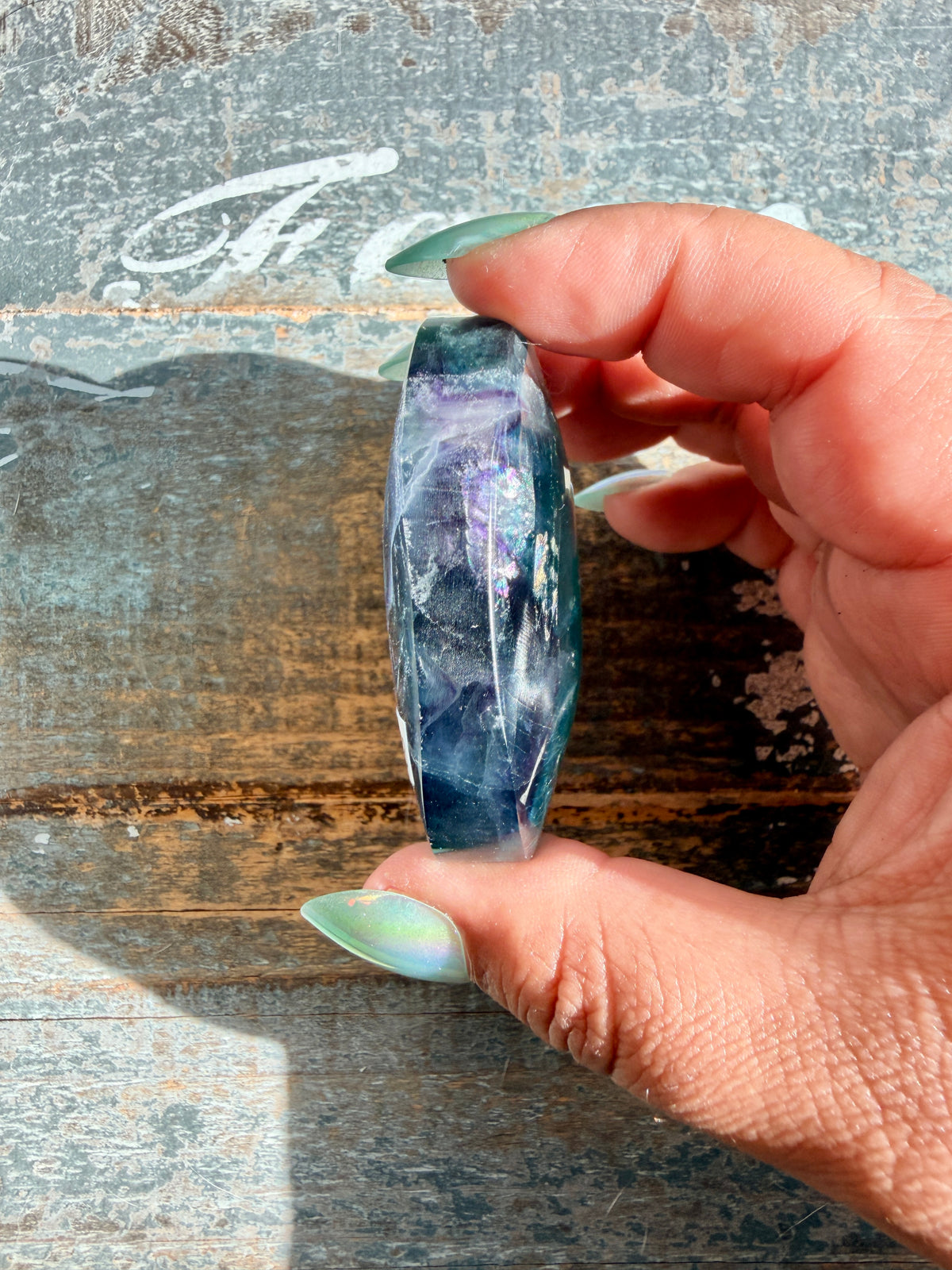 Gorgeous High Quality Rainbow Fluorite Palm Stone | China | Opt 38