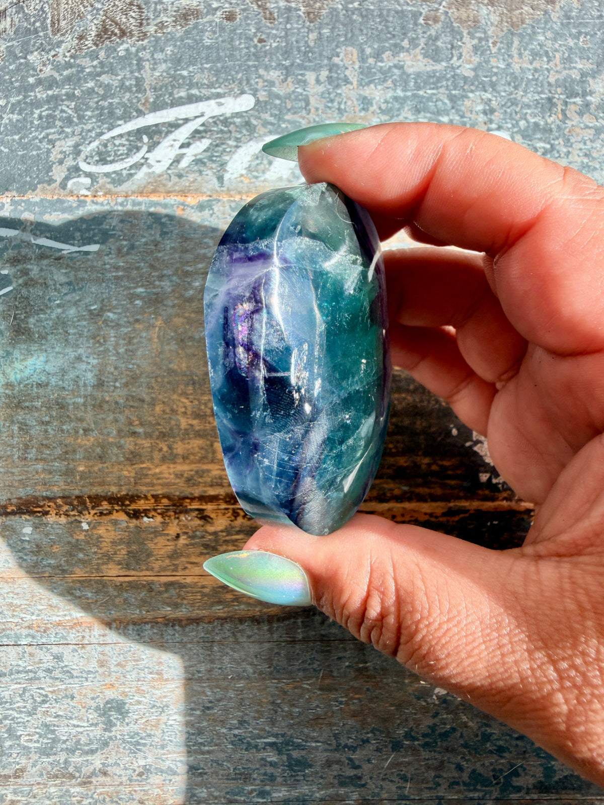Gorgeous High Quality Rainbow Fluorite Palm Stone | China | Opt 38