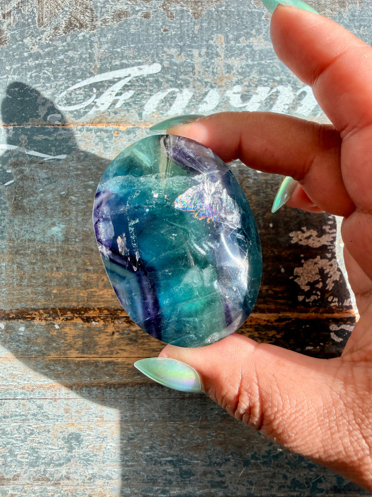 Gorgeous High Quality Rainbow Fluorite Palm Stone | China | Opt 38