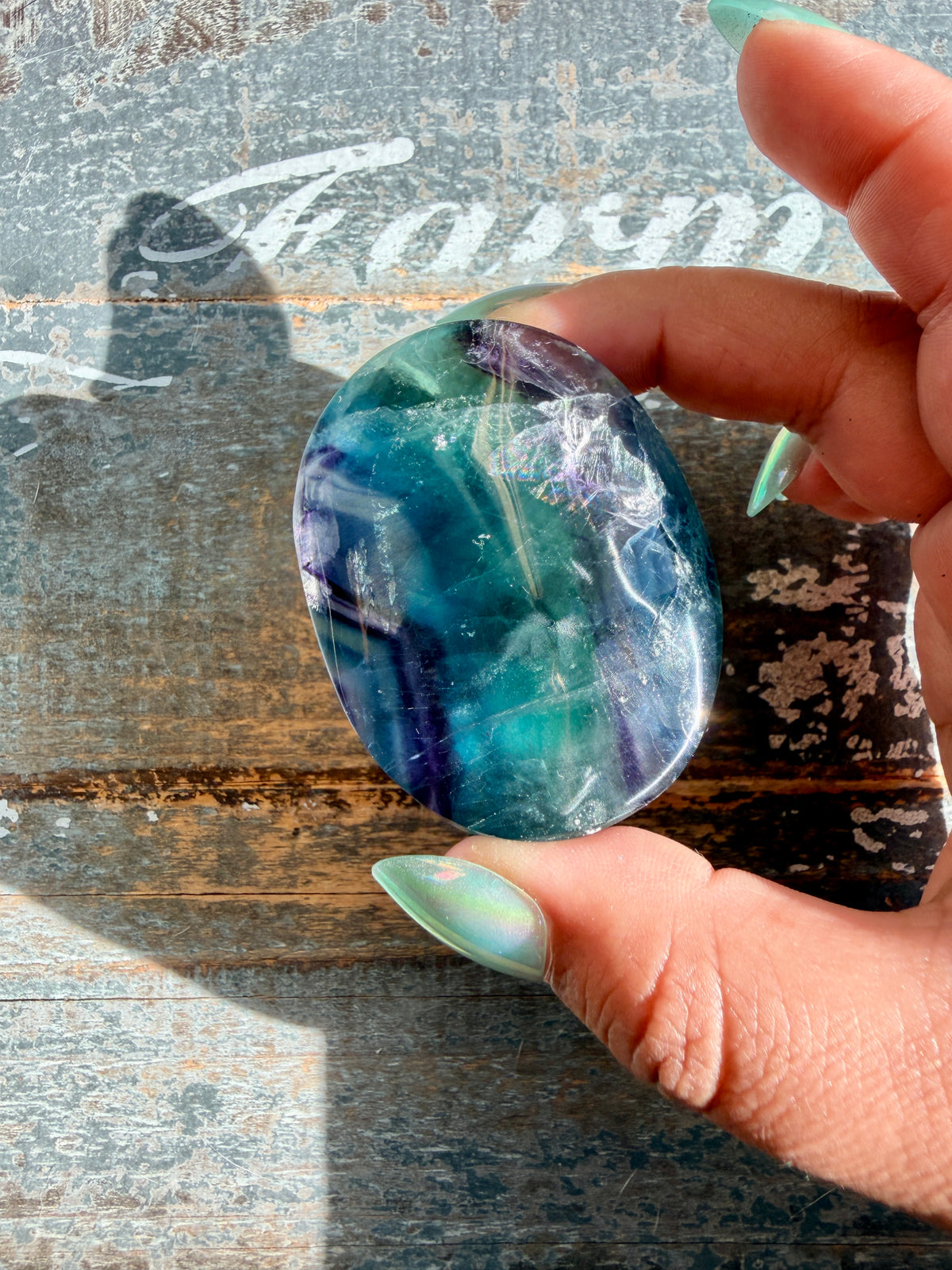 Gorgeous High Quality Rainbow Fluorite Palm Stone | China | Opt 38