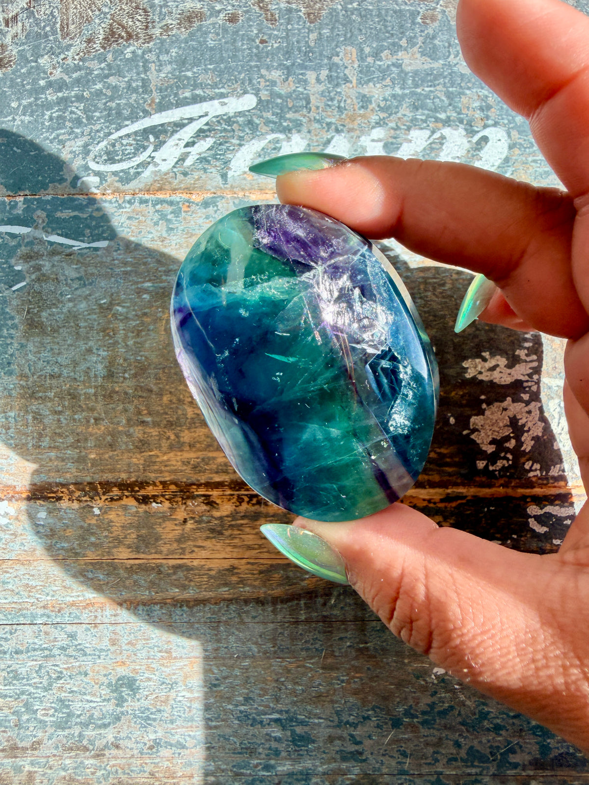 Gorgeous High Quality Rainbow Fluorite Palm Stone | China | Opt 38