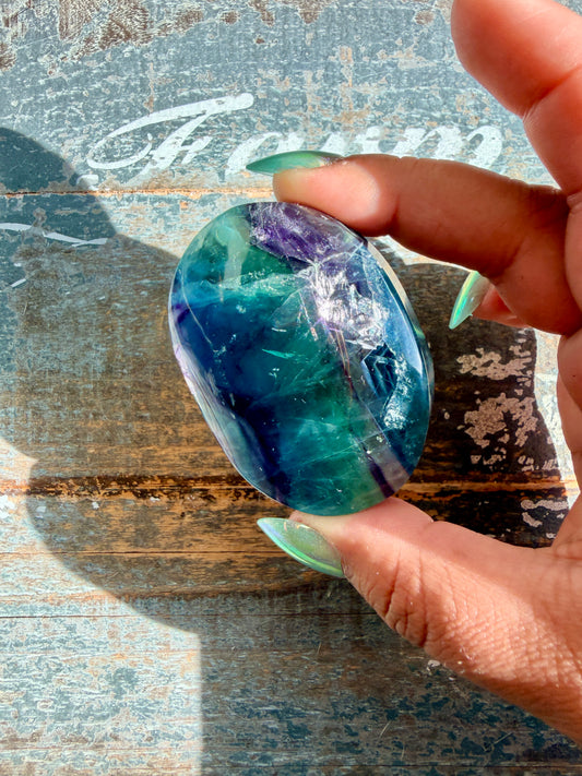Gorgeous High Quality Rainbow Fluorite Palm Stone | China | Opt 38