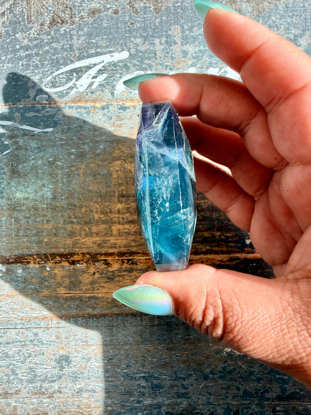 Gorgeous High Quality Rainbow Fluorite Palm Stone | China | Opt 38