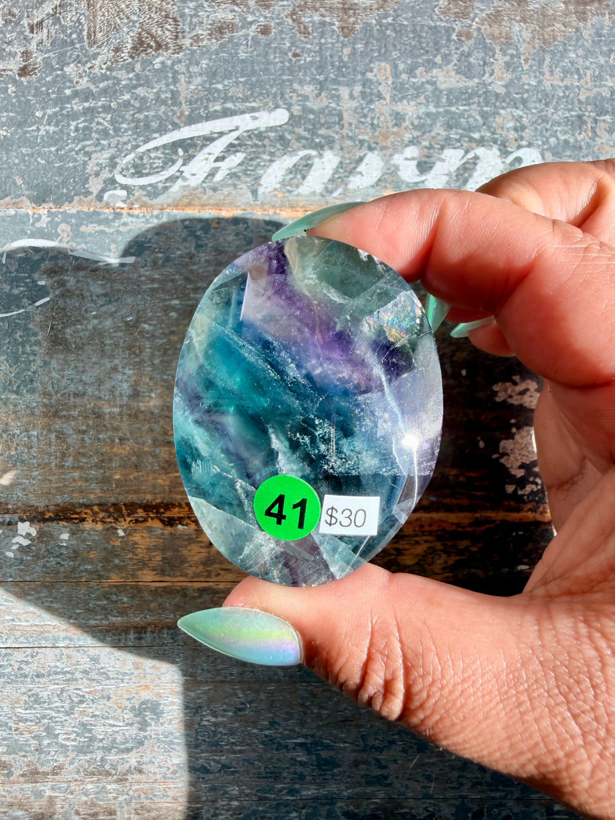 Gorgeous High Quality Rainbow Fluorite Palm Stone | China | Opt 41