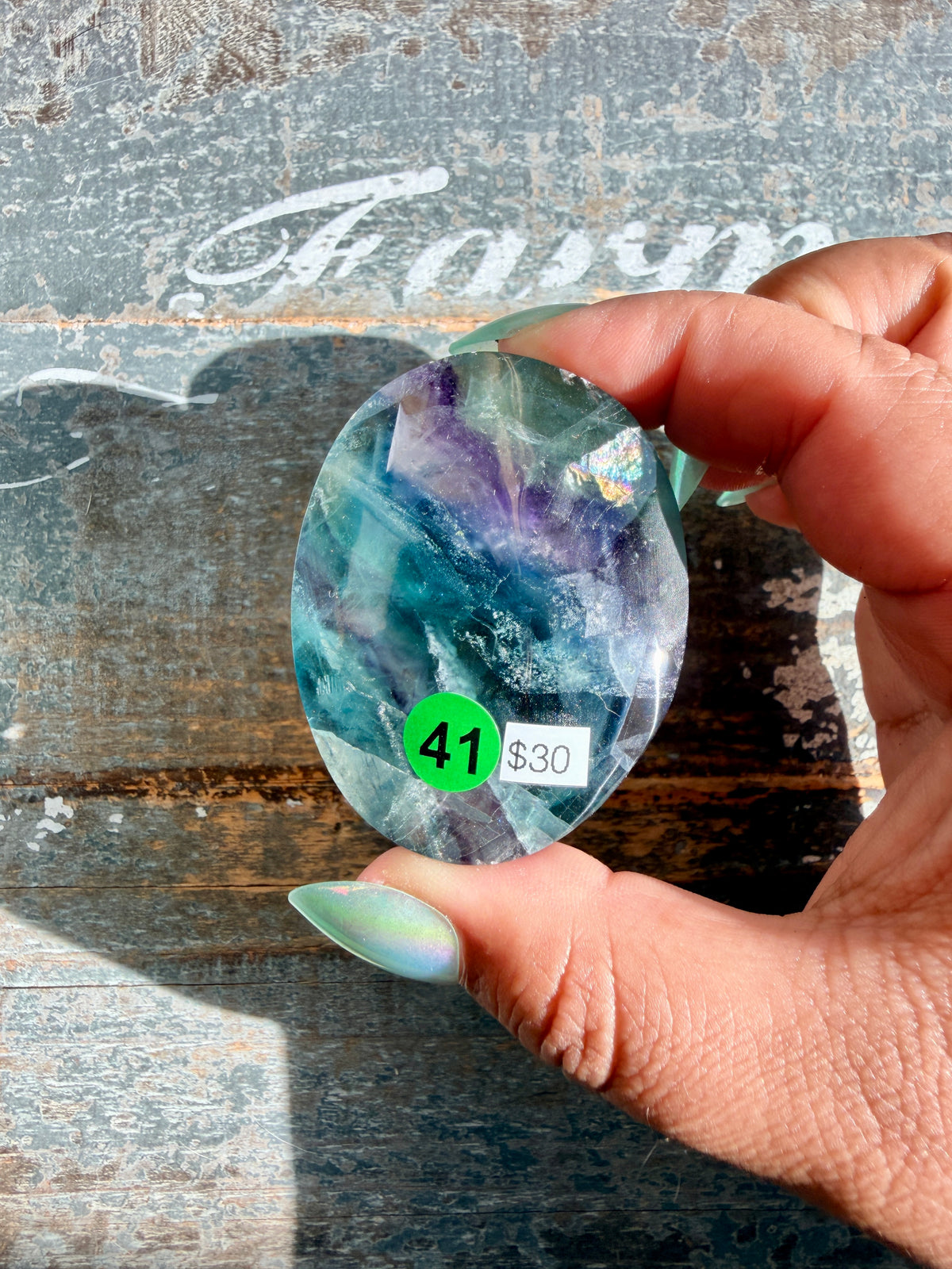 Gorgeous High Quality Rainbow Fluorite Palm Stone | China | Opt 41