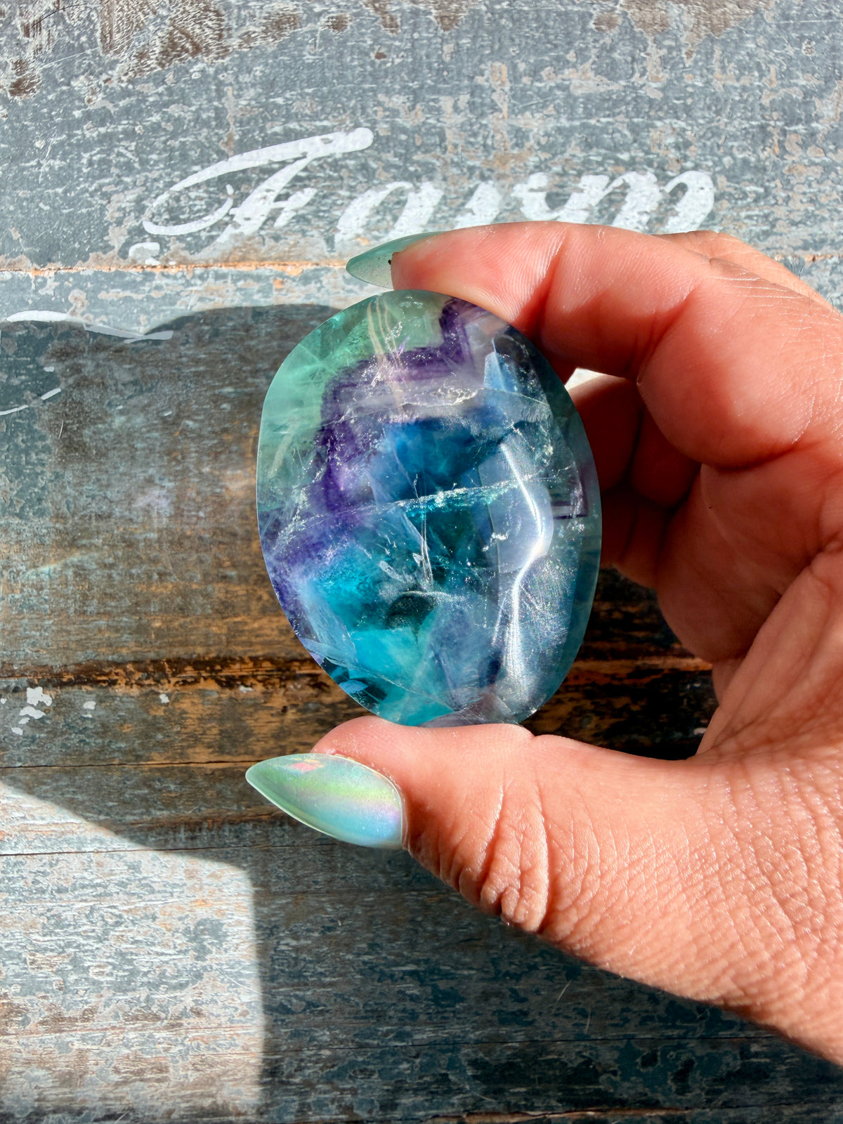 Gorgeous High Quality Rainbow Fluorite Palm Stone | China | Opt 41