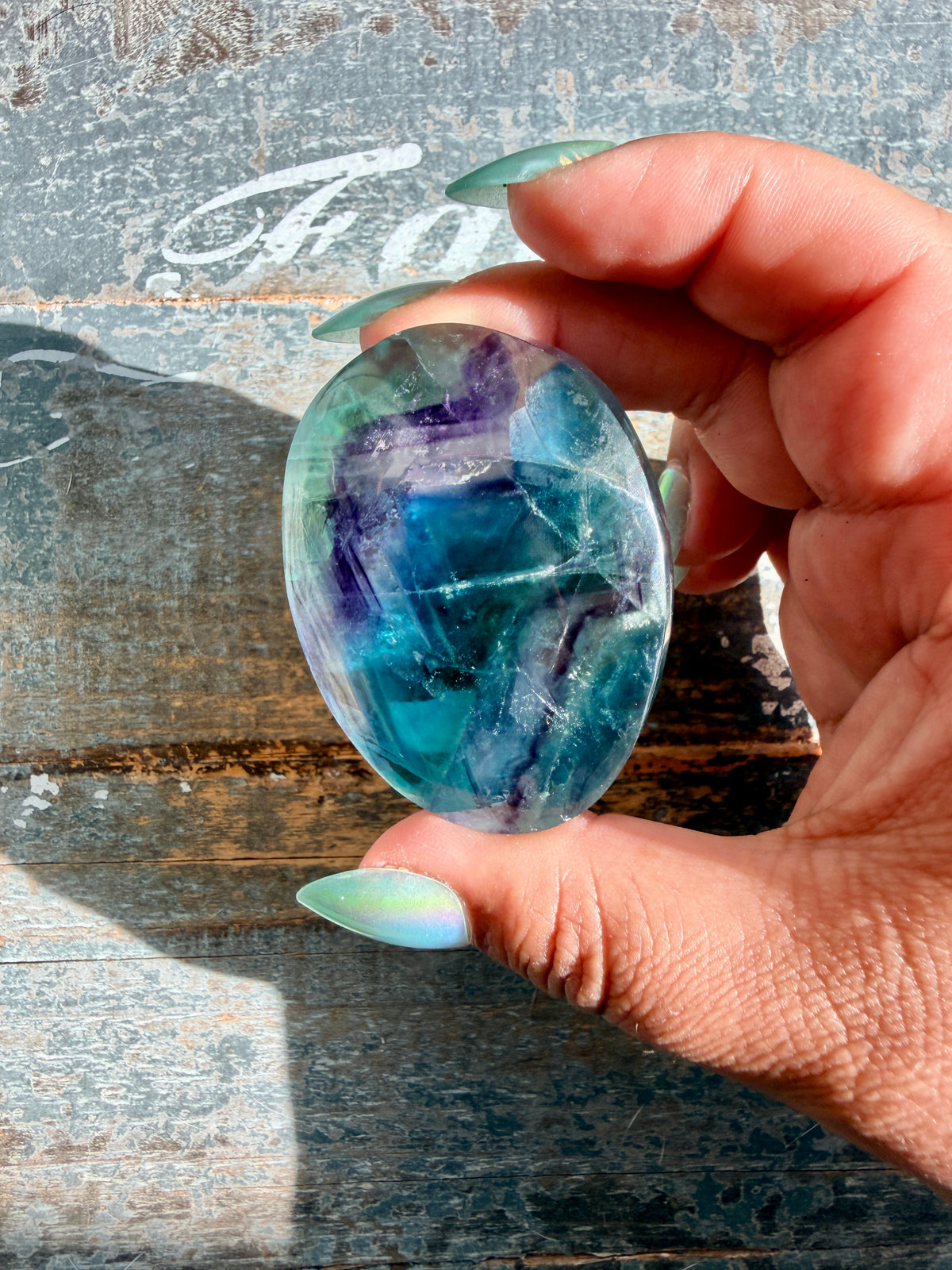 Gorgeous High Quality Rainbow Fluorite Palm Stone | China | Opt 41