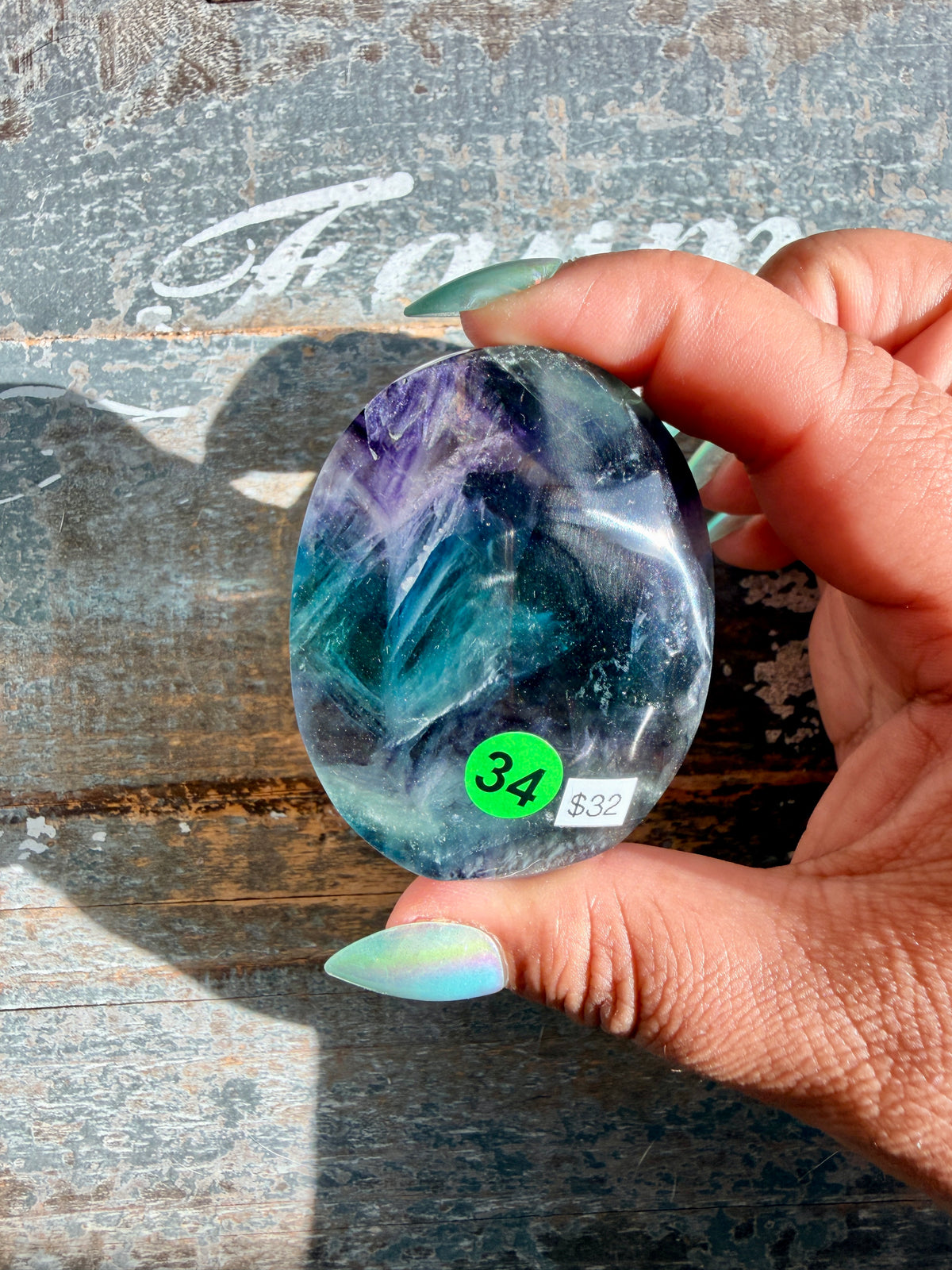 Gorgeous High Quality Rainbow Fluorite Palm Stone | China | Opt 34