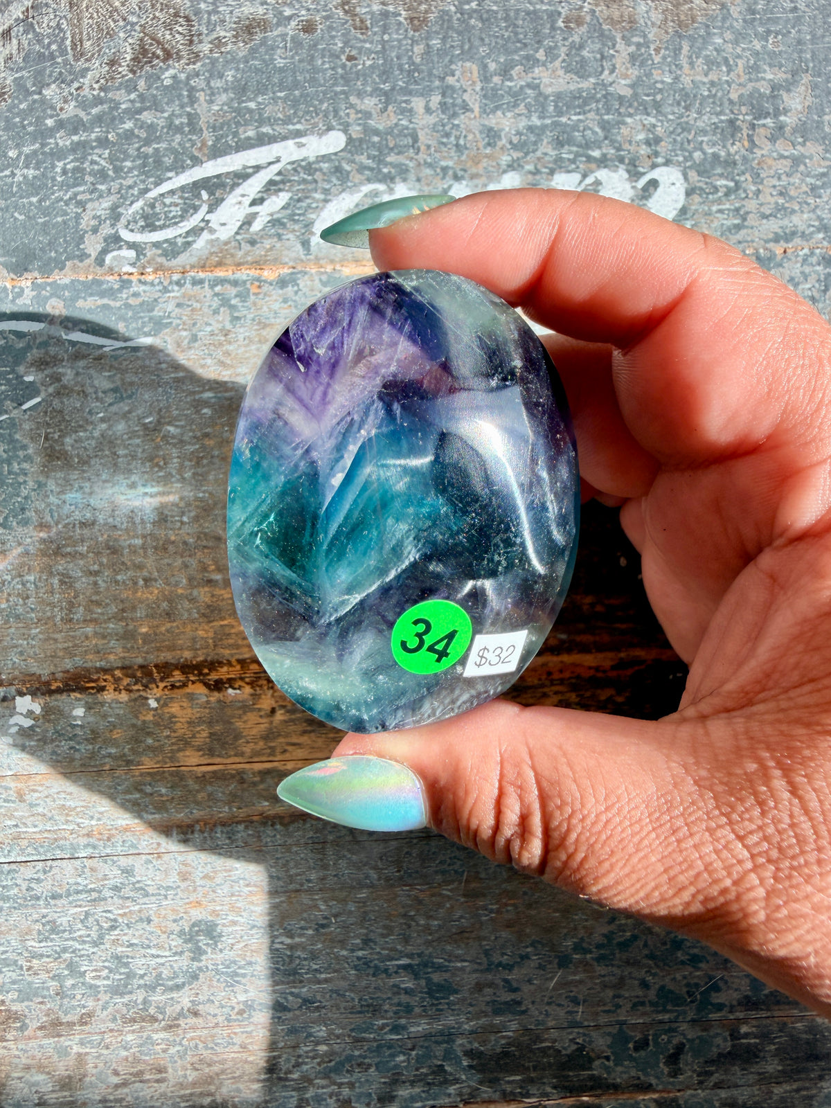 Gorgeous High Quality Rainbow Fluorite Palm Stone | China | Opt 34
