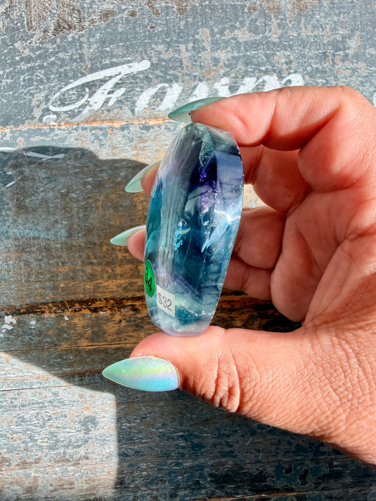 Gorgeous High Quality Rainbow Fluorite Palm Stone | China | Opt 34