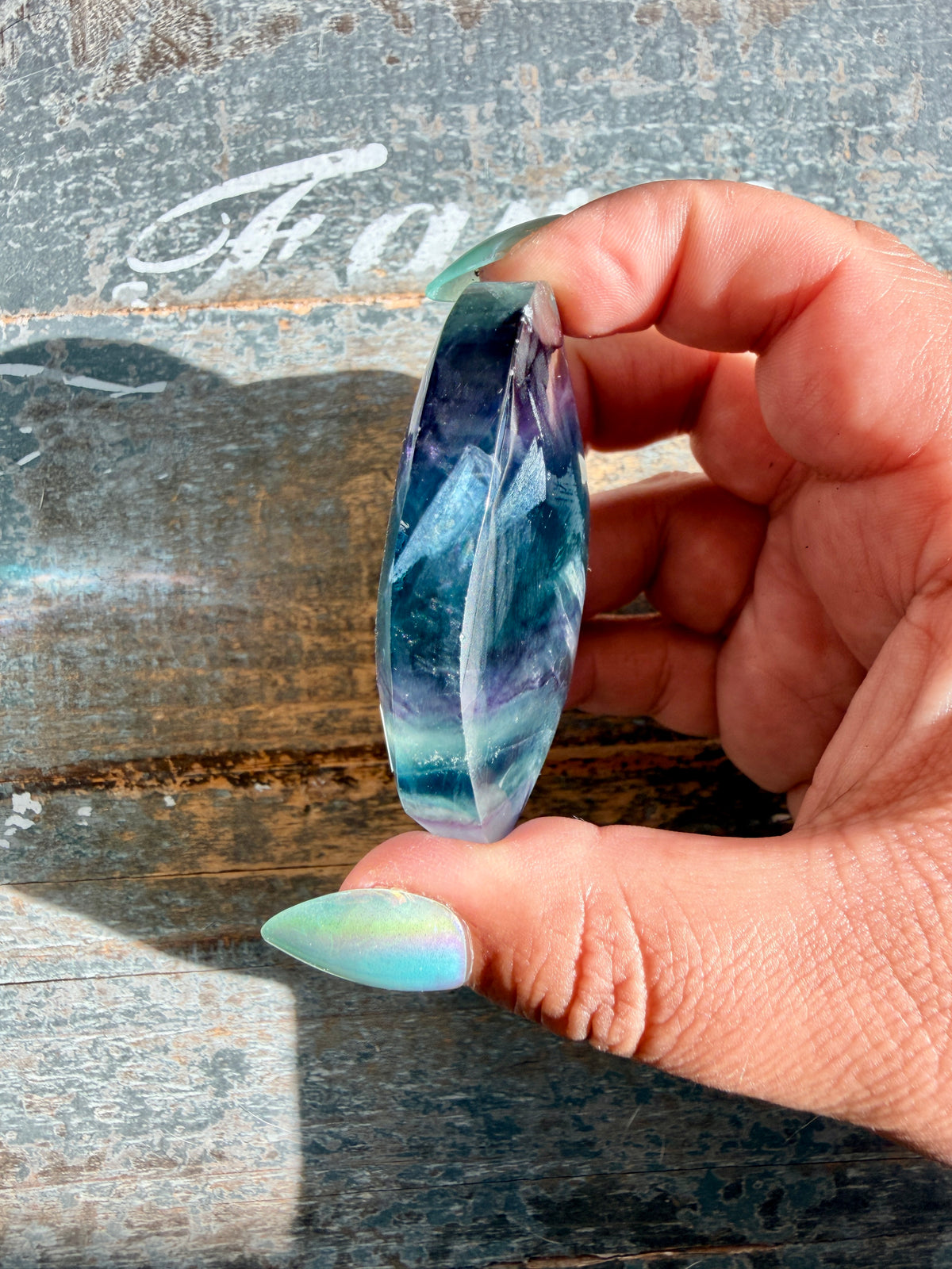 Gorgeous High Quality Rainbow Fluorite Palm Stone | China | Opt 34