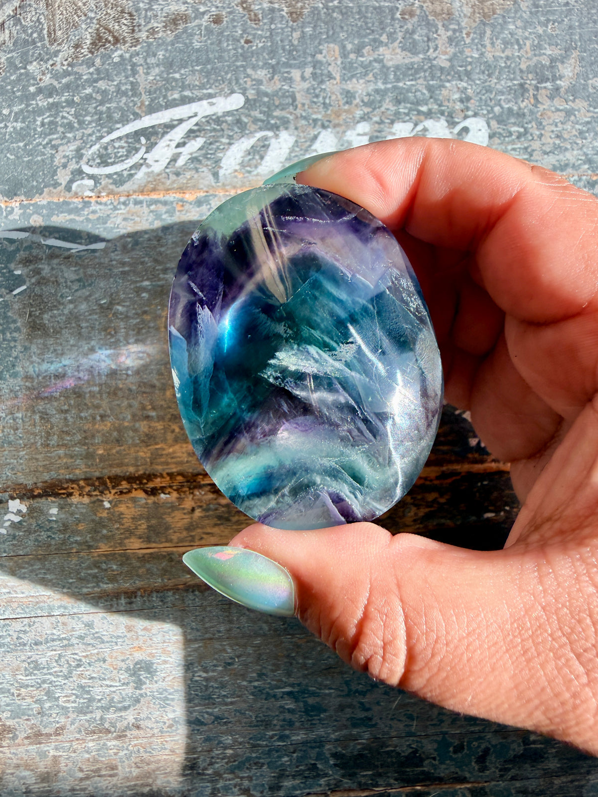 Gorgeous High Quality Rainbow Fluorite Palm Stone | China | Opt 34