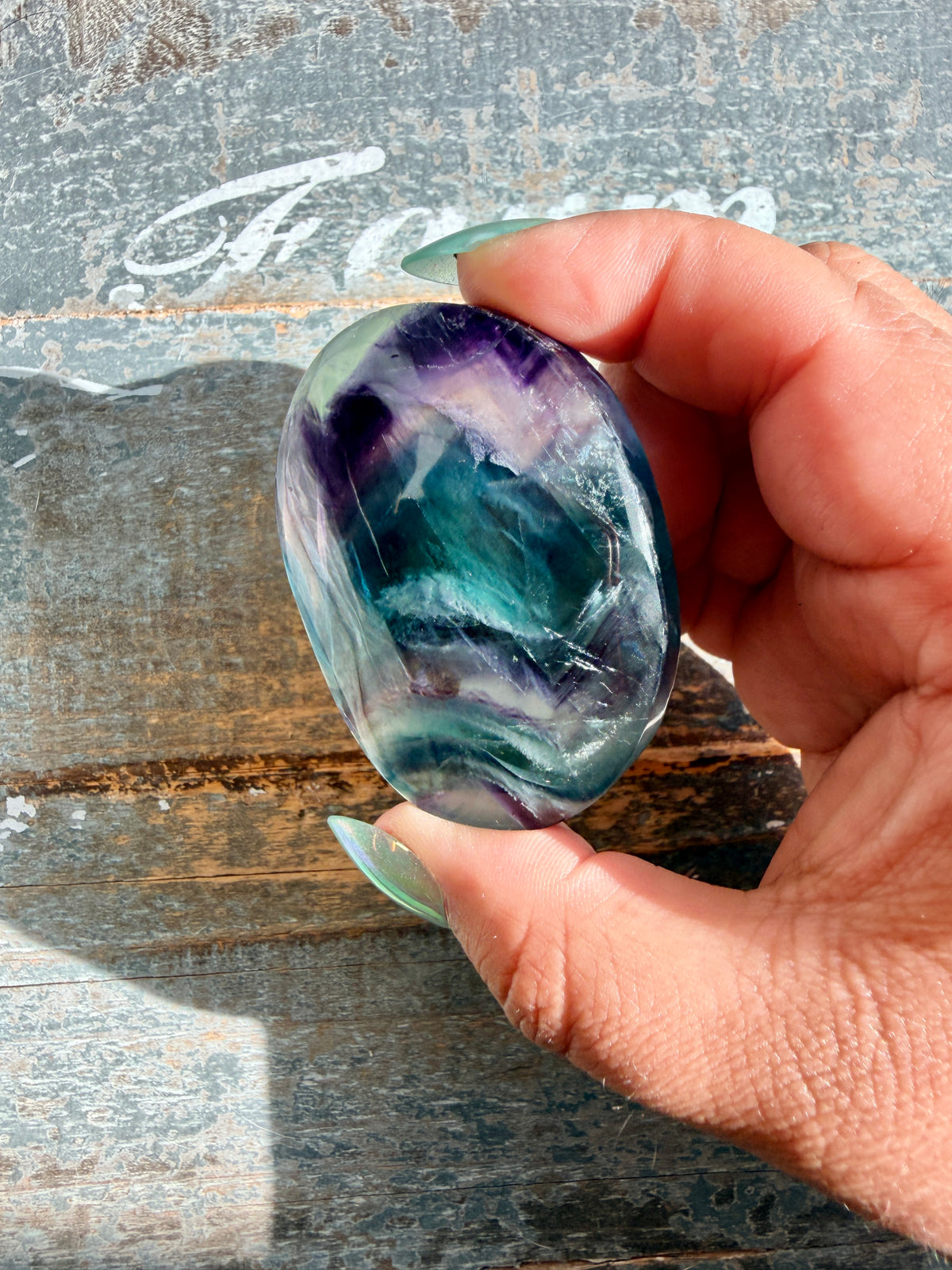 Gorgeous High Quality Rainbow Fluorite Palm Stone | China | Opt 34