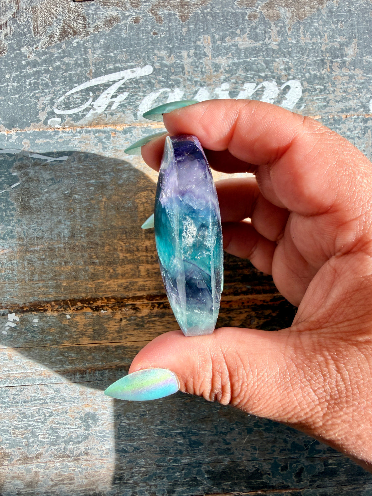 Gorgeous High Quality Rainbow Fluorite Palm Stone | China | Opt 34