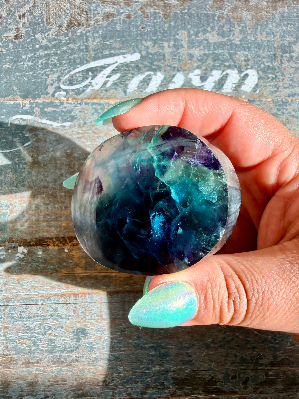 Gorgeous High Quality Rainbow Fluorite Palm Stone | China | Opt 30