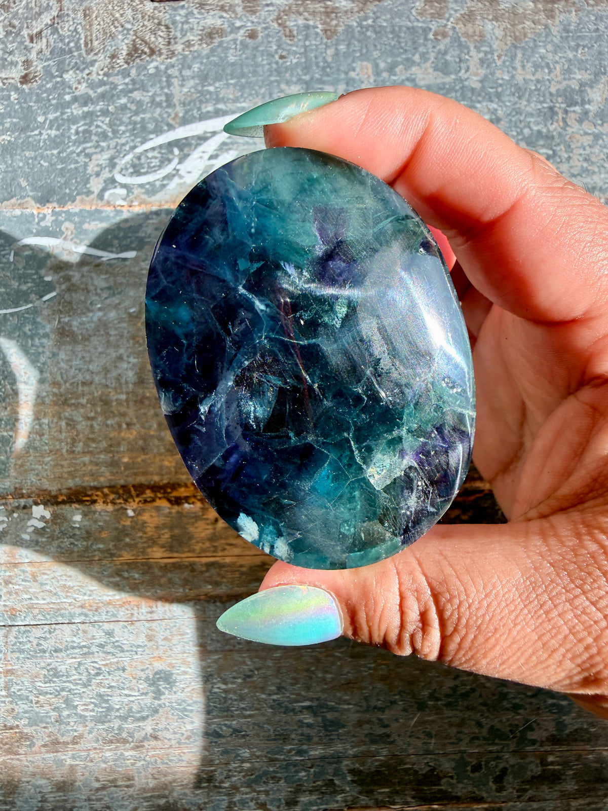 Gorgeous High Quality Rainbow Fluorite Palm Stone | China | Opt 30