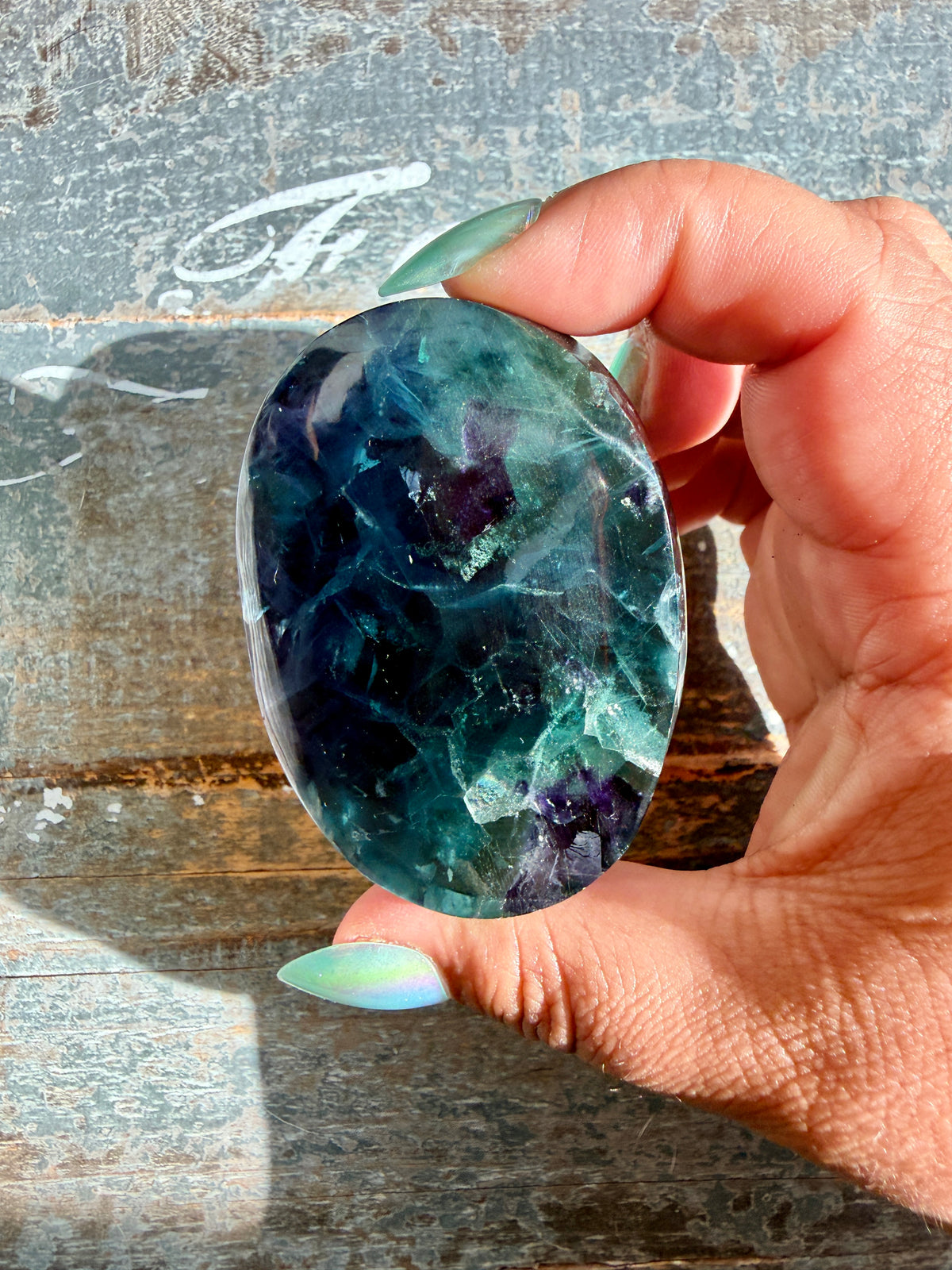 Gorgeous High Quality Rainbow Fluorite Palm Stone | China | Opt 30