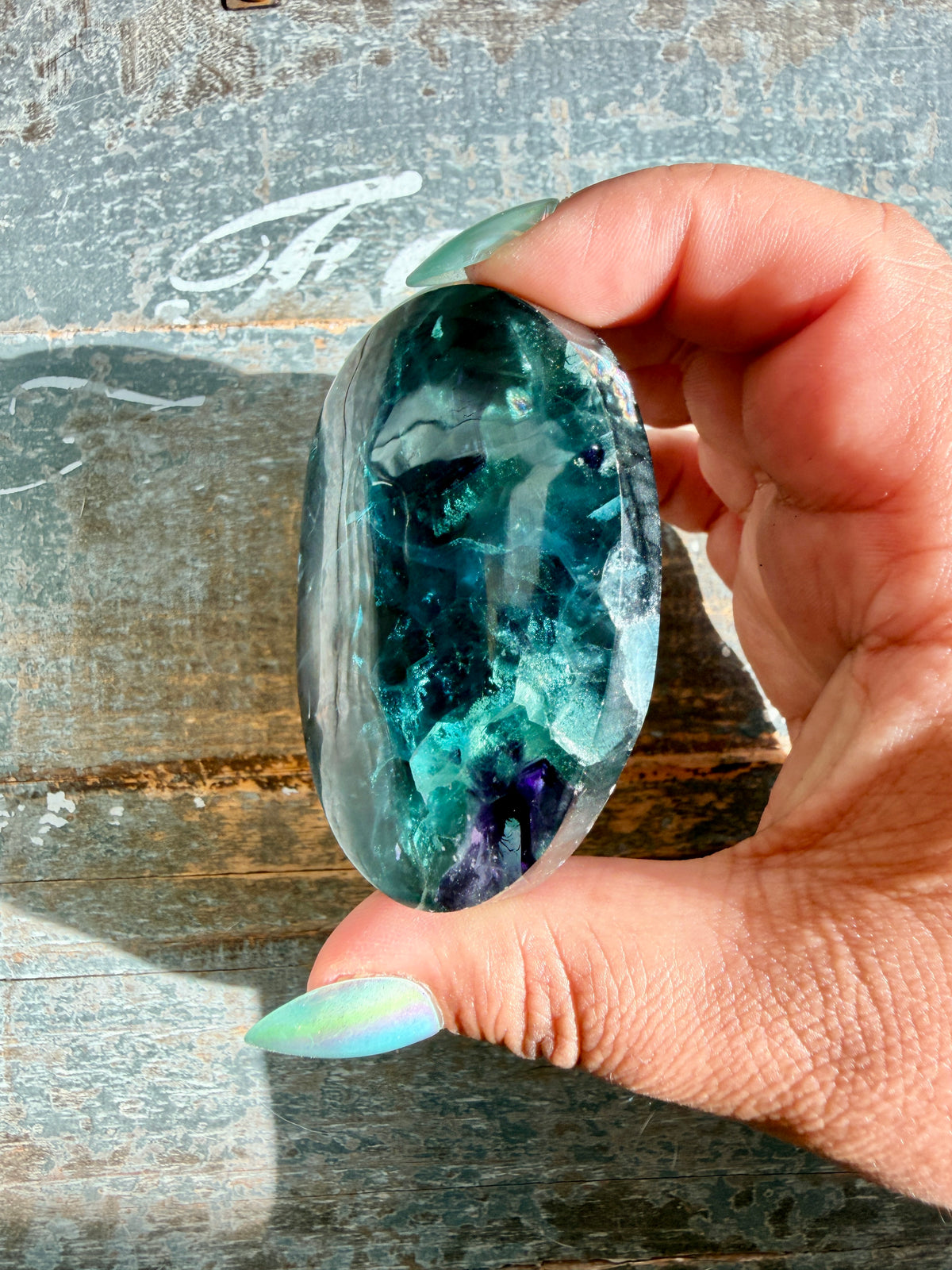 Gorgeous High Quality Rainbow Fluorite Palm Stone | China | Opt 30