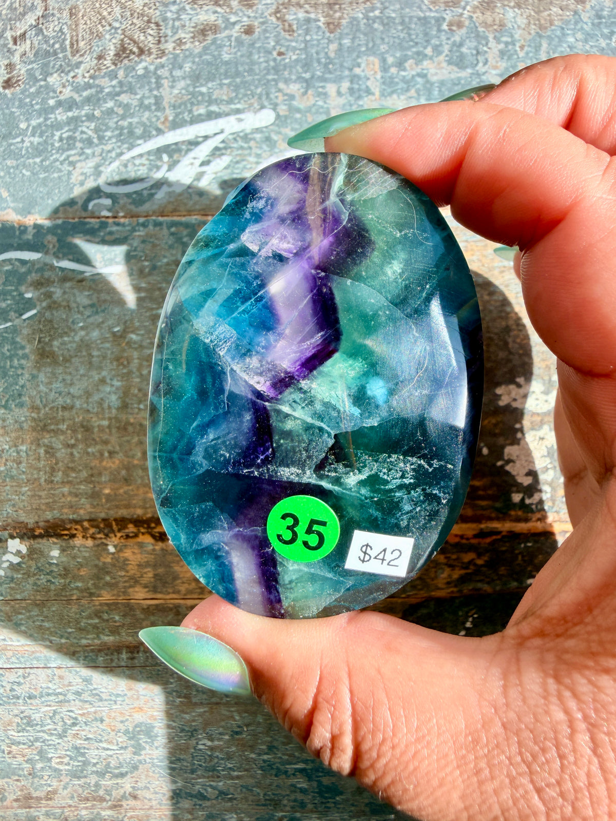 Gorgeous High Quality Rainbow Fluorite Palm Stone | China | Opt 35