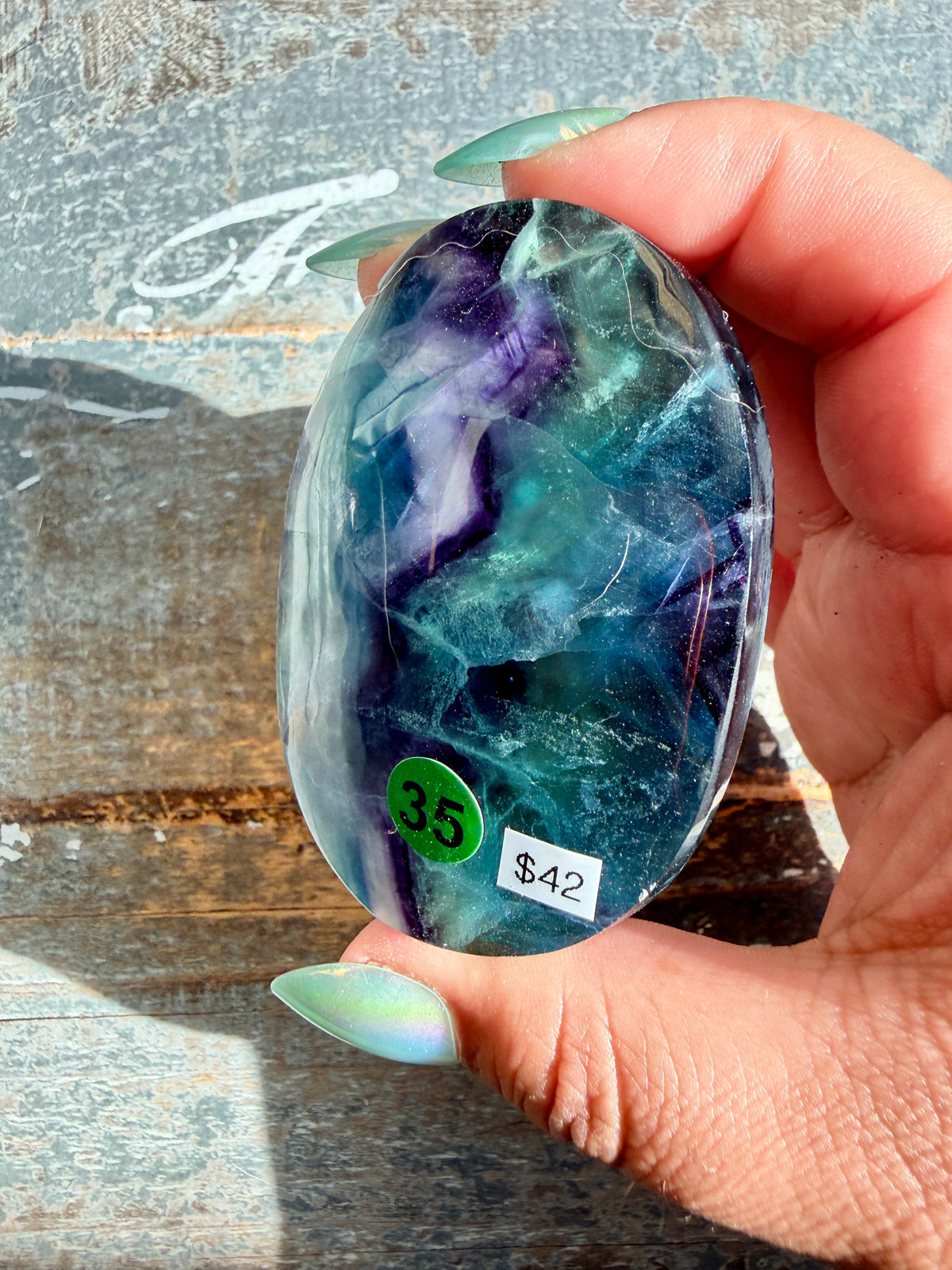 Gorgeous High Quality Rainbow Fluorite Palm Stone | China | Opt 35