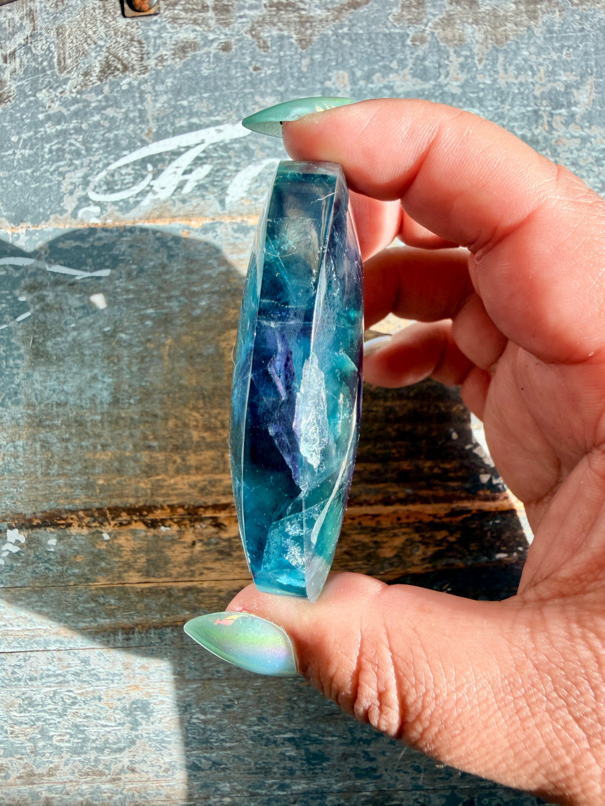 Gorgeous High Quality Rainbow Fluorite Palm Stone | China | Opt 35