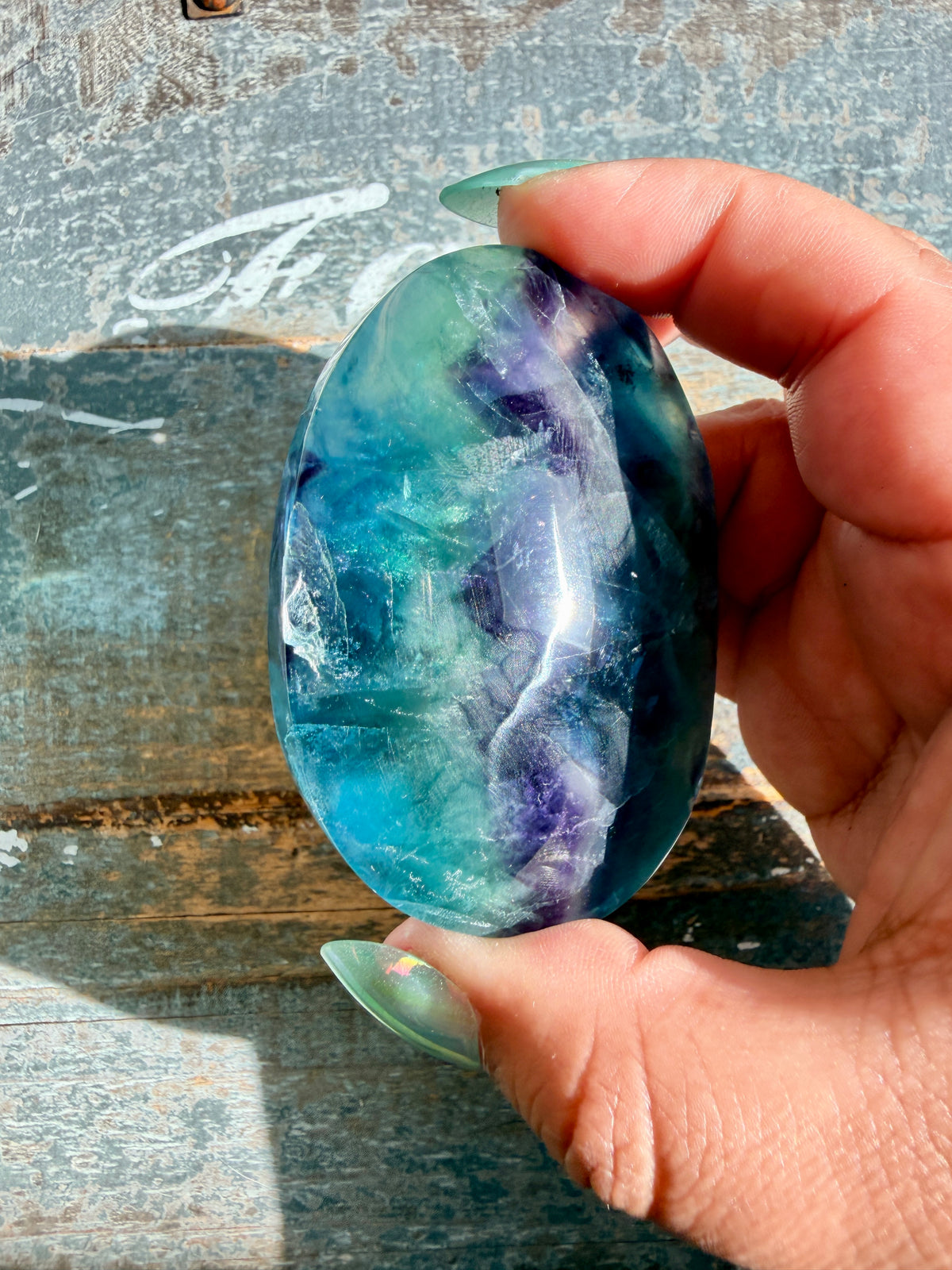 Gorgeous High Quality Rainbow Fluorite Palm Stone | China | Opt 35