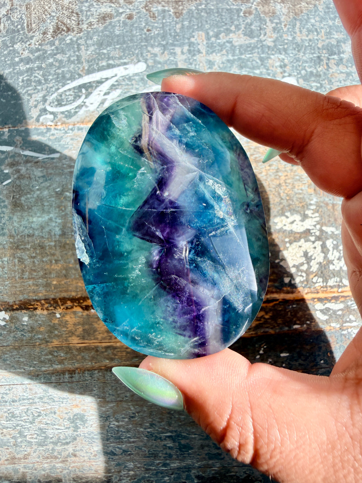 Gorgeous High Quality Rainbow Fluorite Palm Stone | China | Opt 35