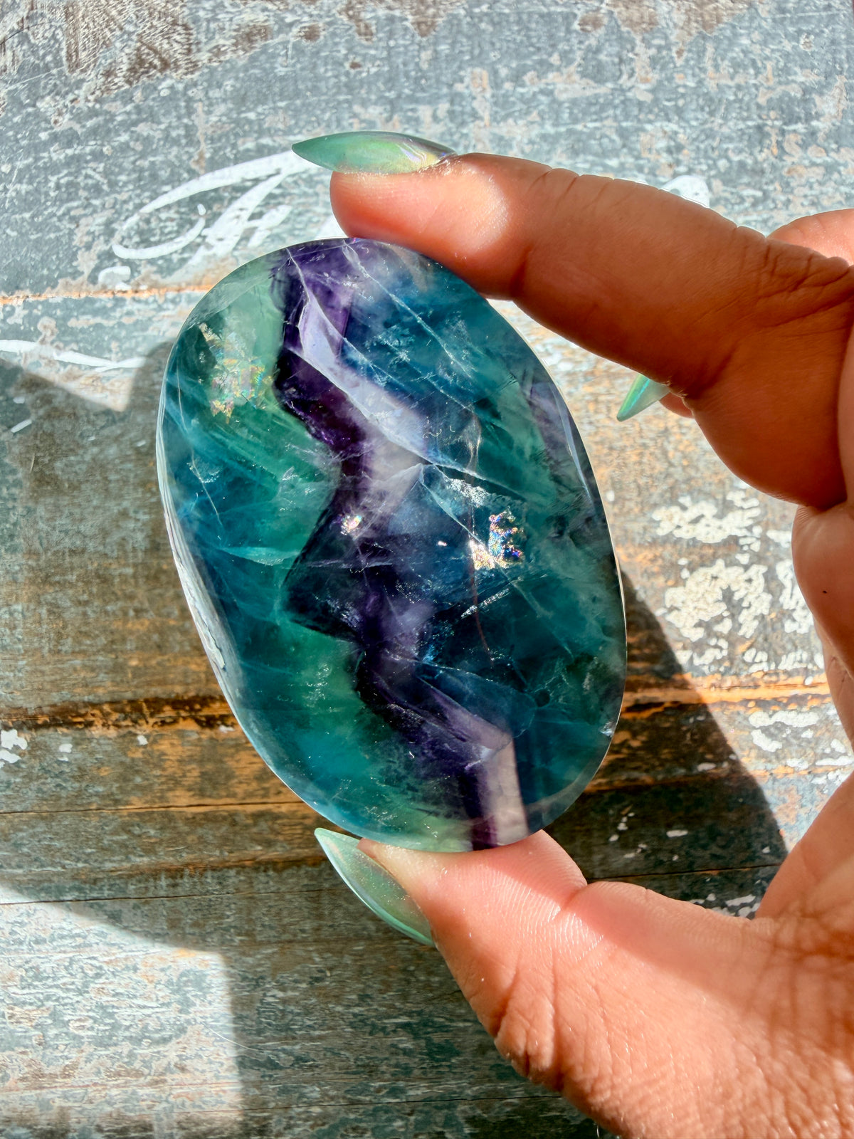 Gorgeous High Quality Rainbow Fluorite Palm Stone | China | Opt 35