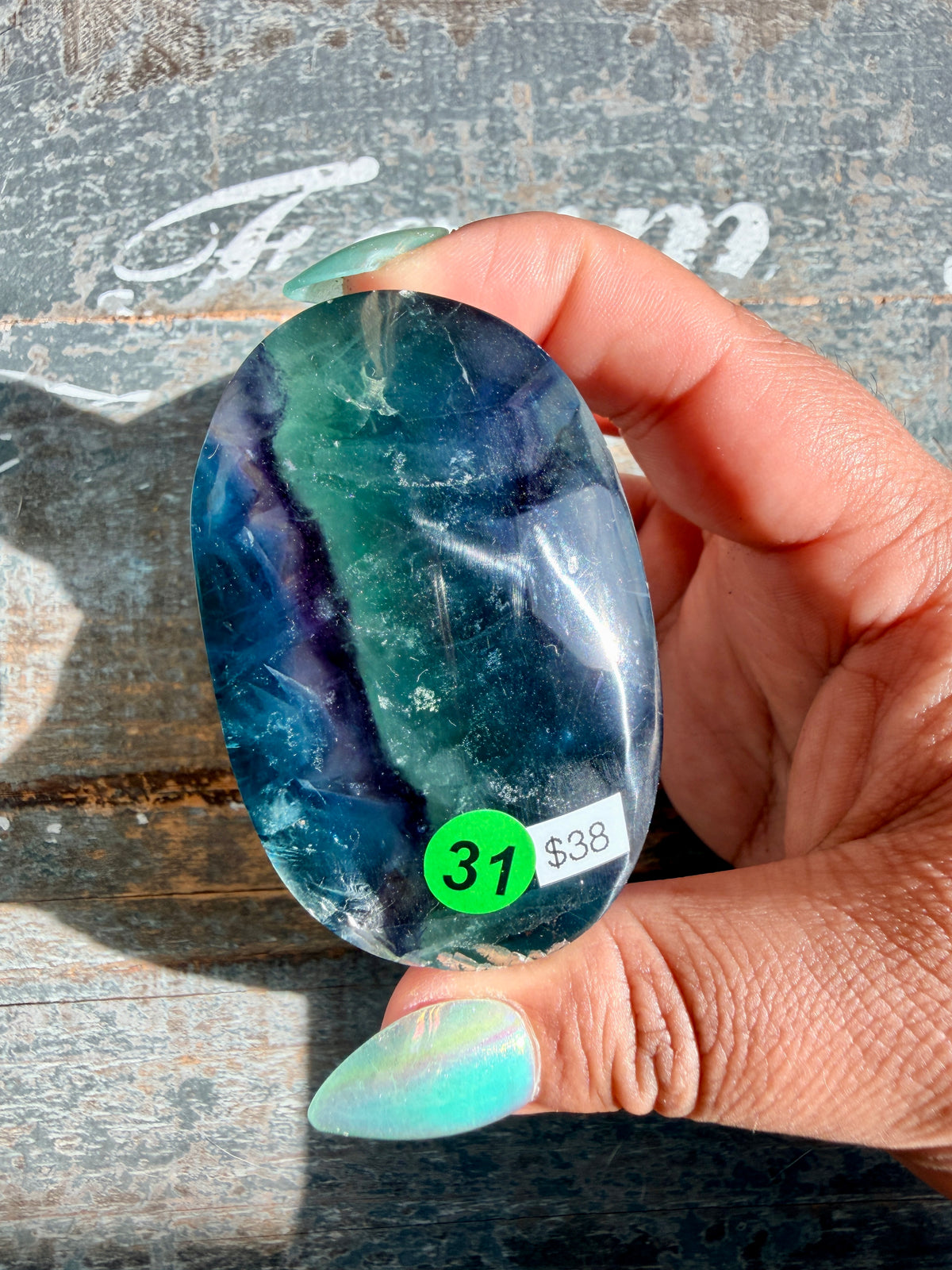 Gorgeous High Quality Rainbow Fluorite Palm Stone | China | Opt 31