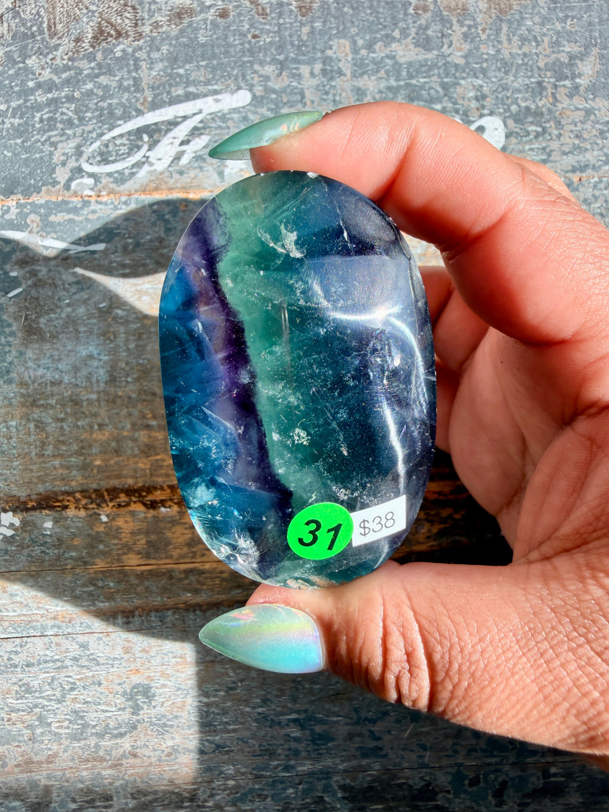 Gorgeous High Quality Rainbow Fluorite Palm Stone | China | Opt 31