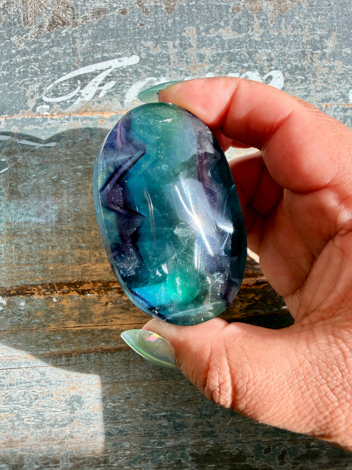 Gorgeous High Quality Rainbow Fluorite Palm Stone | China | Opt 31