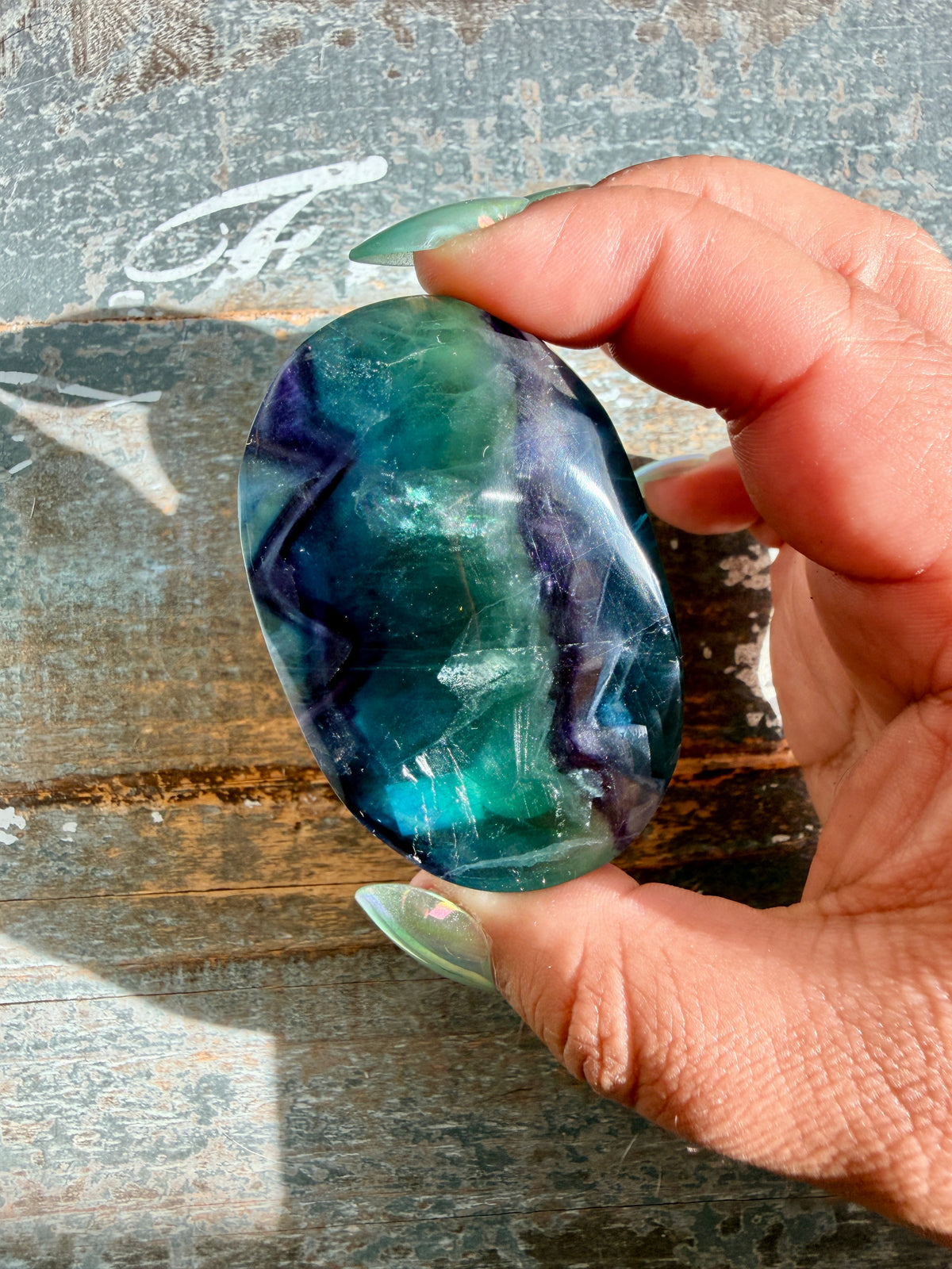 Gorgeous High Quality Rainbow Fluorite Palm Stone | China | Opt 31