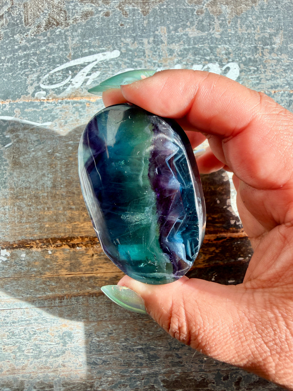 Gorgeous High Quality Rainbow Fluorite Palm Stone | China | Opt 31