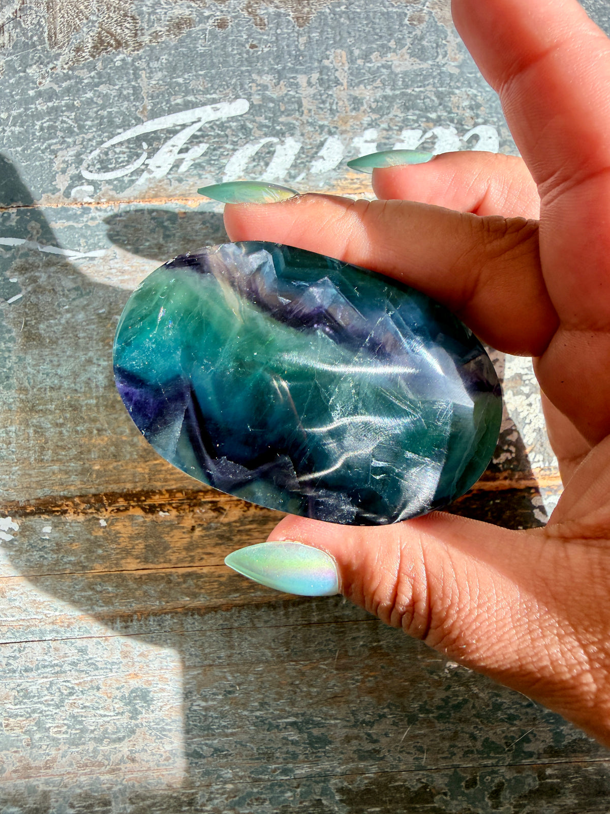 Gorgeous High Quality Rainbow Fluorite Palm Stone | China | Opt 31