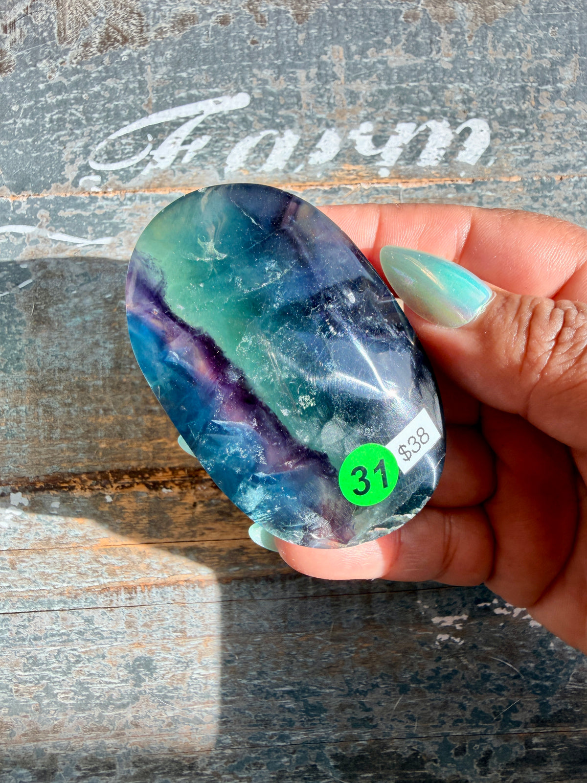 Gorgeous High Quality Rainbow Fluorite Palm Stone | China | Opt 31