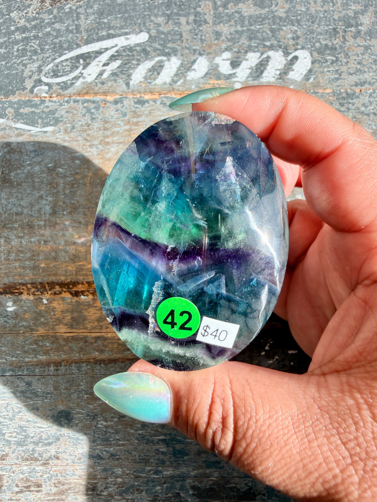 Gorgeous High Quality Rainbow Fluorite Palm Stone | China | Opt 42