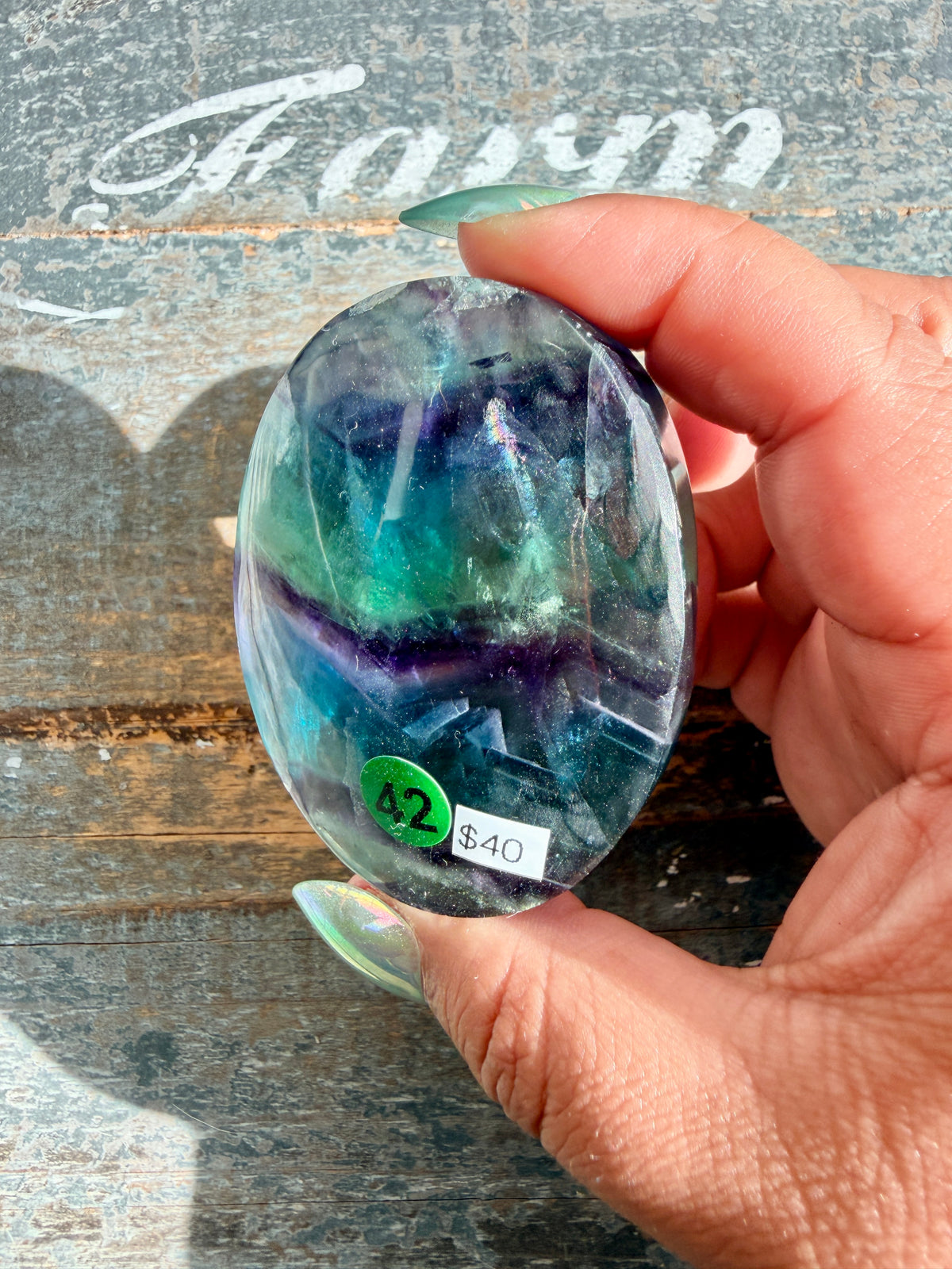 Gorgeous High Quality Rainbow Fluorite Palm Stone | China | Opt 42