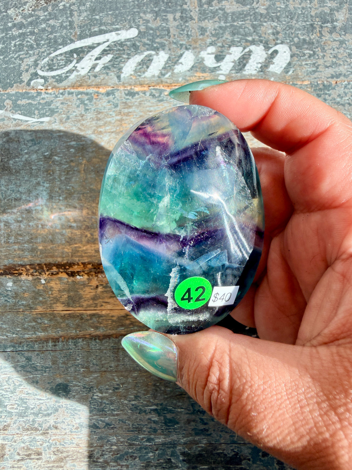 Gorgeous High Quality Rainbow Fluorite Palm Stone | China | Opt 42
