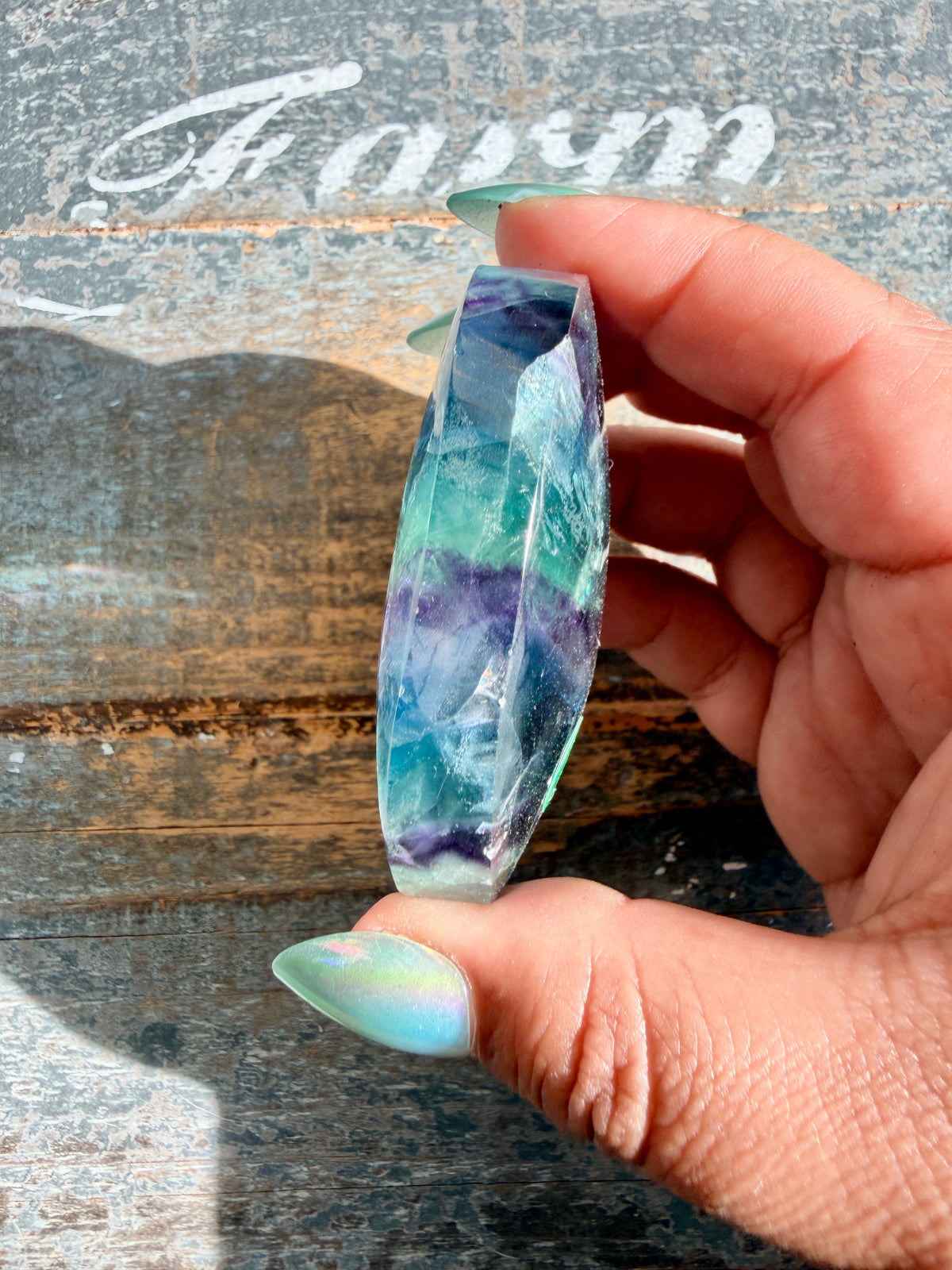 Gorgeous High Quality Rainbow Fluorite Palm Stone | China | Opt 42