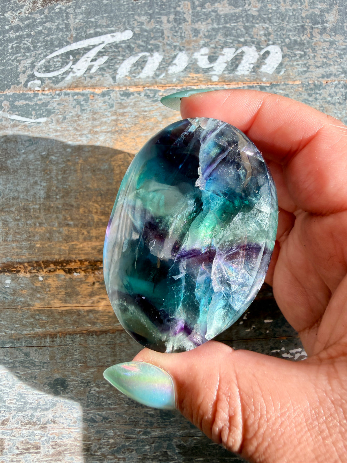 Gorgeous High Quality Rainbow Fluorite Palm Stone | China | Opt 42