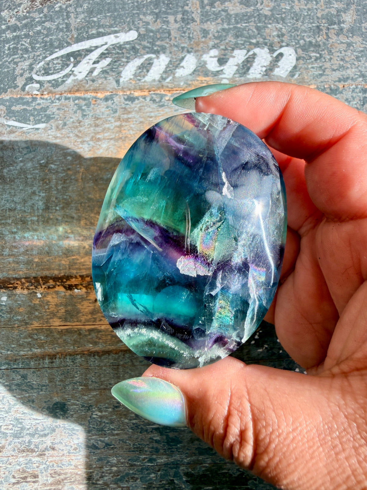 Gorgeous High Quality Rainbow Fluorite Palm Stone | China | Opt 42